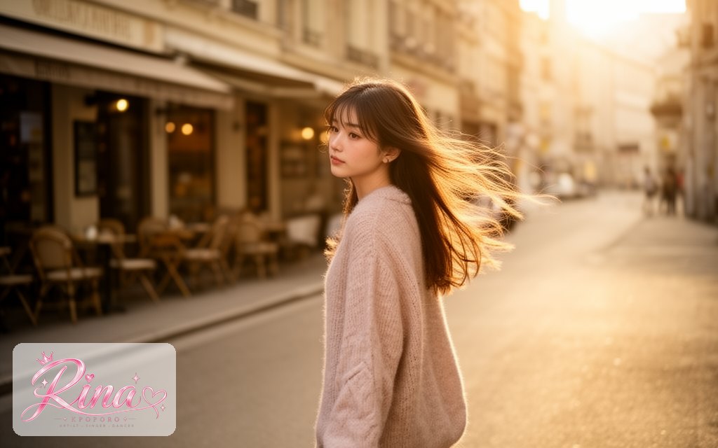 Rina, a POPORO CITY character, walking along a sunny cafe street in warm late-afternoon light