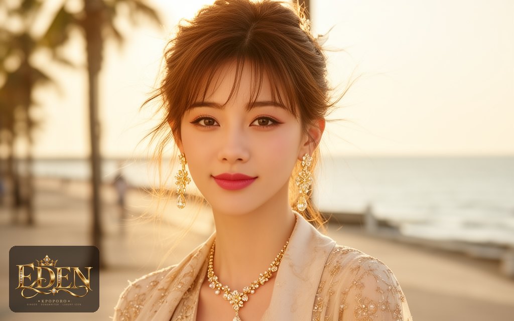 Eden, a POPORO CITY character, strolling along a sunlit seaside promenade in late afternoon