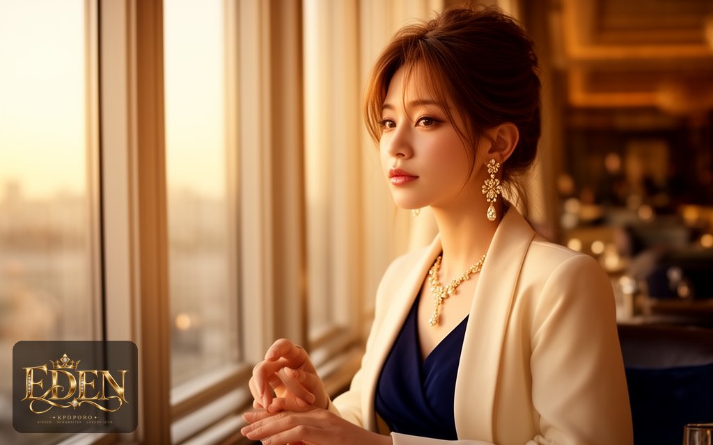 Eden, a POPORO CITY character, sitting by a tall window in a hotel lounge in warm late-afternoon light