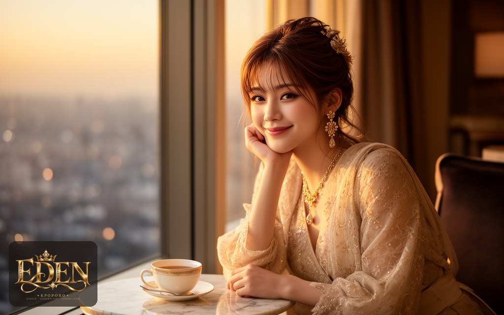 Eden, a POPORO CITY character, sitting by a hotel lounge window in warm late-afternoon light