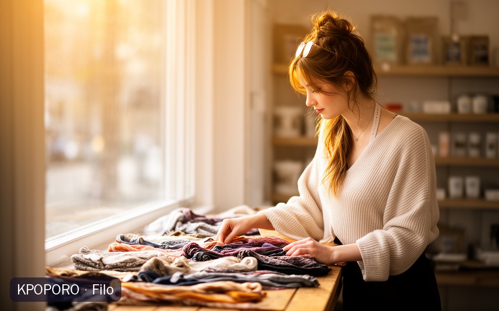 Filo, a POPORO CITY character, arranging scarves in a sunlit boutique