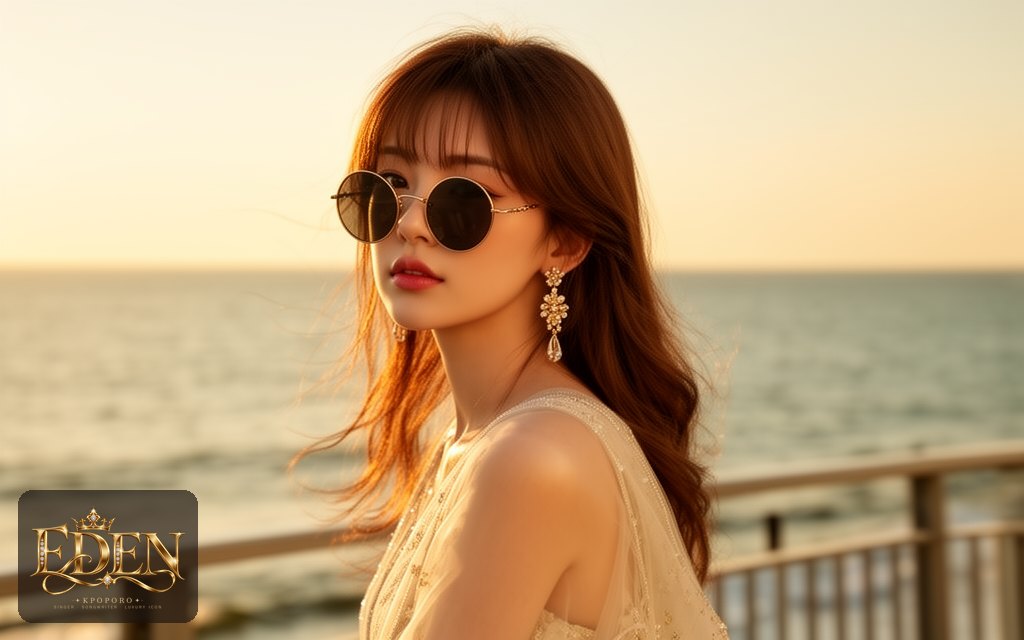 Eden, a POPORO CITY character, strolling along a sunlit seaside promenade in late afternoon
