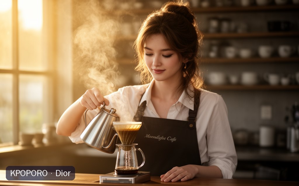 Dior, a POPORO CITY character, pouring hot water over a pour-over dripper in a quiet cafe in soft morning light