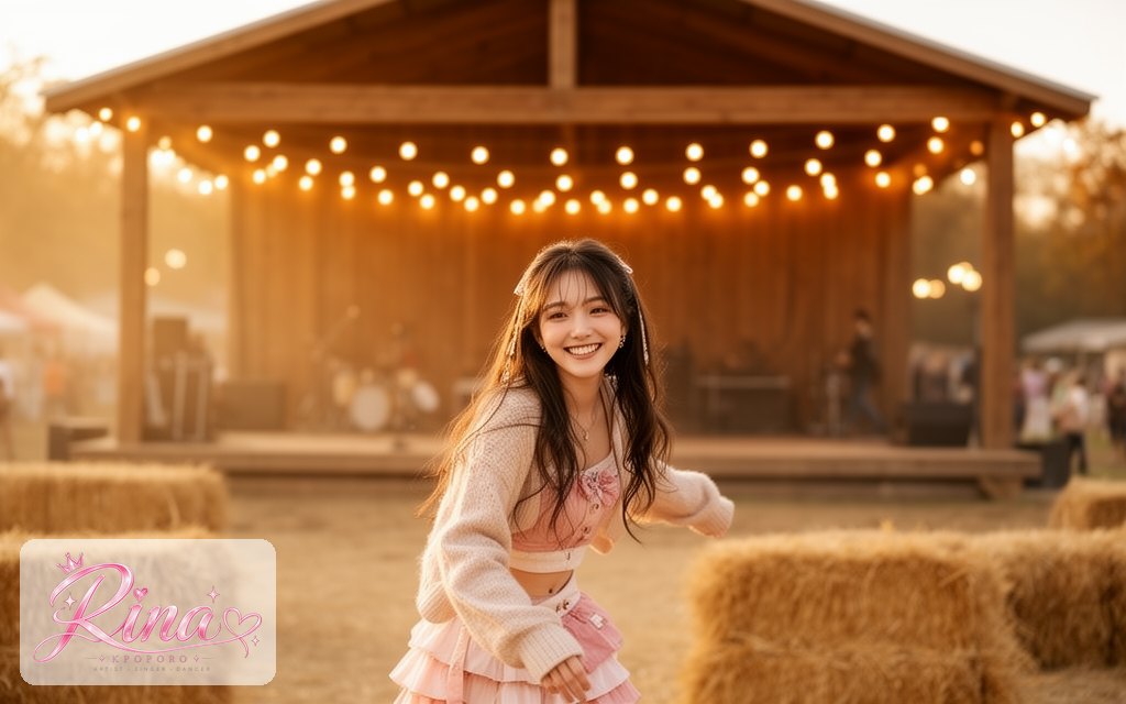 Rina, a POPORO CITY character, enjoying a country music festival at golden hour under string lights