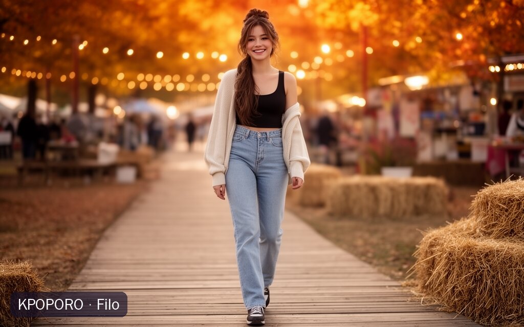 Filo, a POPORO CITY character, walking along a sunlit boardwalk at an autumn country fair