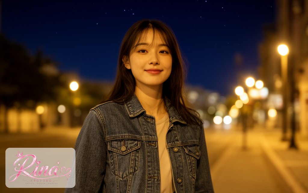 Rina, a POPORO CITY character, walking along a city sidewalk at dusk under a navy sky with early stars