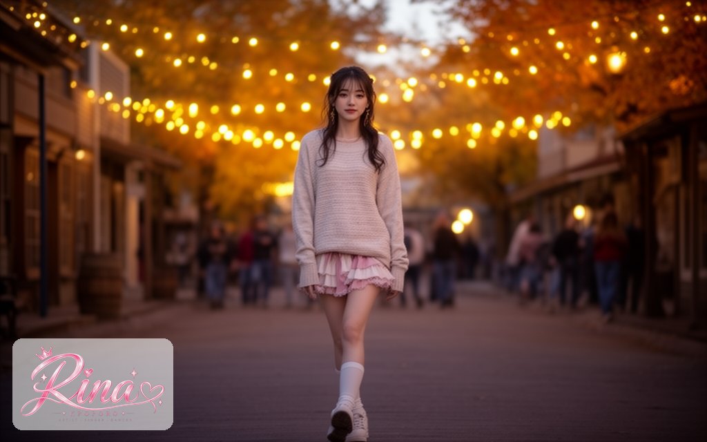 Rina, a POPORO CITY character, walking down a western-style street under golden string lights at dusk