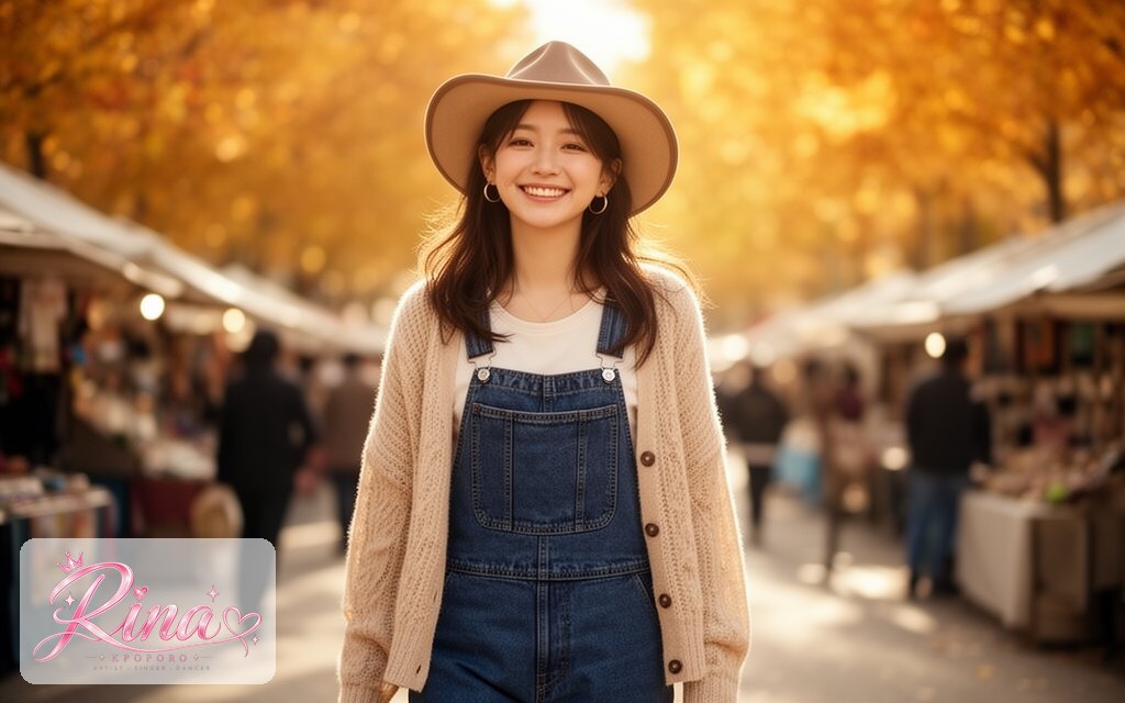 Rina, a POPORO CITY character, walking along a sunny autumn street market in warm late-afternoon light