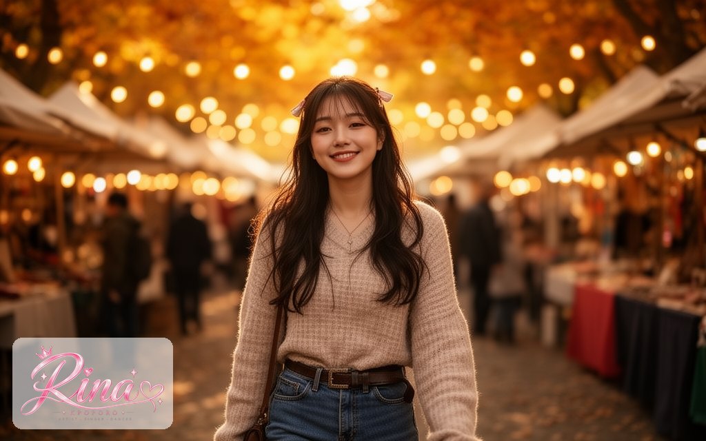 Rina, a POPORO CITY character, walking through a sunlit autumn street market at golden hour