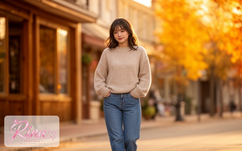 Rina, a POPORO CITY character, walking along a sunny small-town street in early autumn