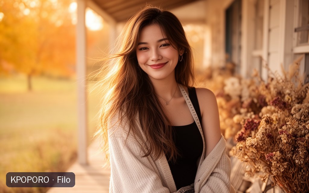 Filo, a POPORO CITY character, on the sunlit porch of a countryside boutique in warm autumn light