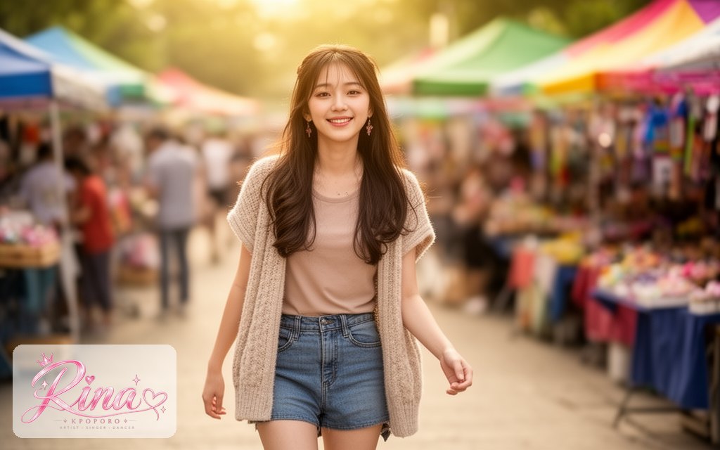 Rina, a POPORO CITY character, strolling through a sunny weekend street market