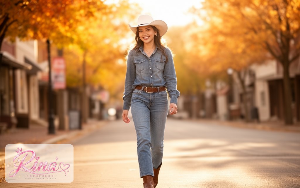 Rina, a POPORO CITY character, walking along a sunny small-town street on an autumn afternoon