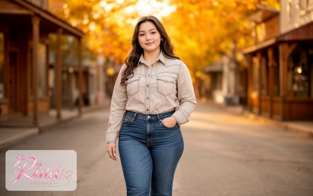 Rina, a POPORO CITY character, walking along a sunny small-town main street in autumn light