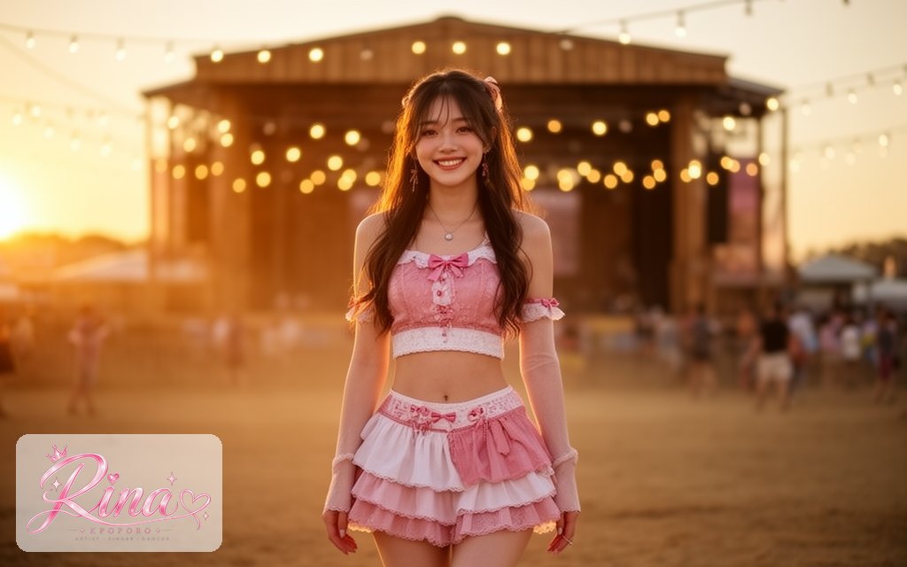 Rina, a POPORO CITY character, walking out of a country music festival at golden hour