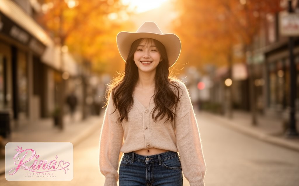 Rina, a POPORO CITY character, walking down a sunny city street at golden hour