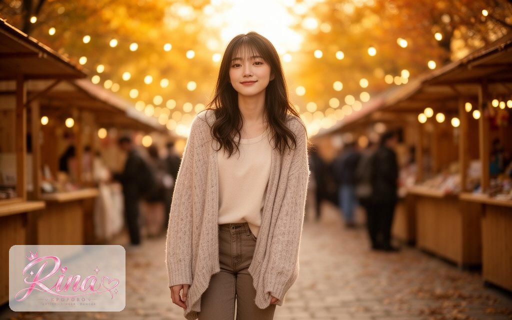 Rina, a POPORO CITY character, walking through a sunlit autumn street market at golden hour