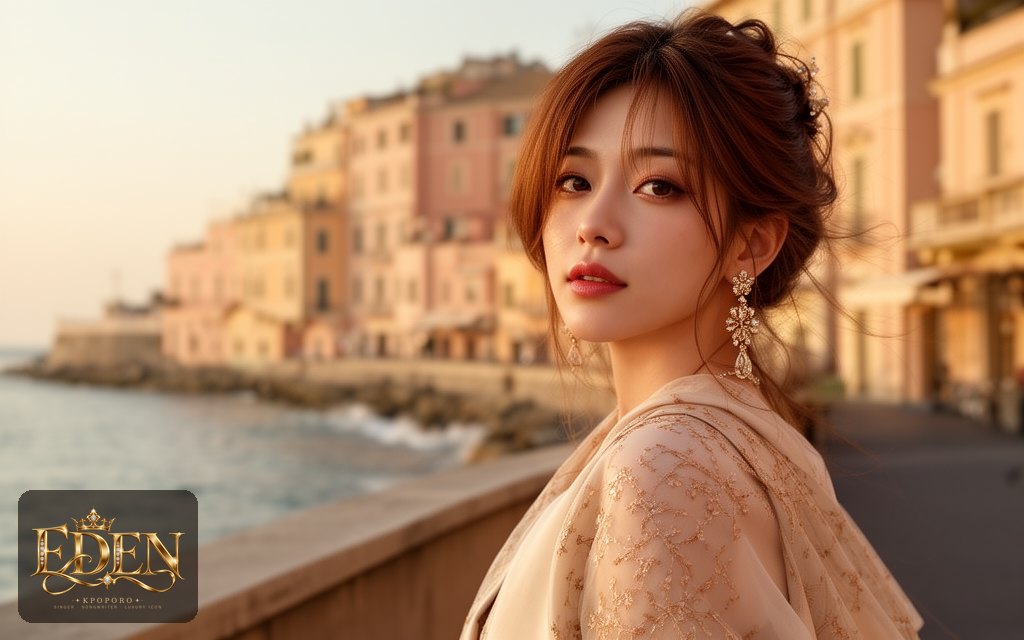 Eden, a POPORO CITY character, strolling along a sunlit seaside promenade in late afternoon