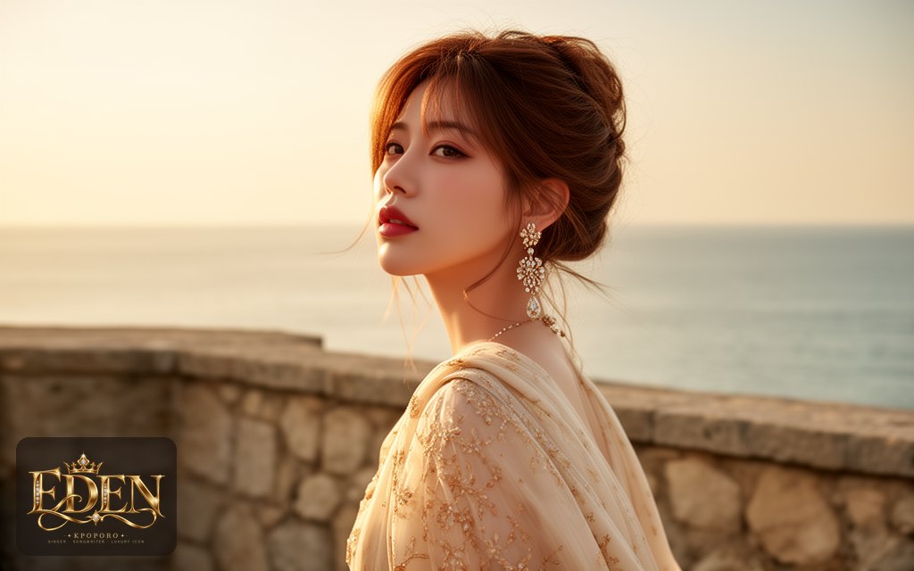 Eden, a POPORO CITY character, strolling along a sunlit seaside stone terrace