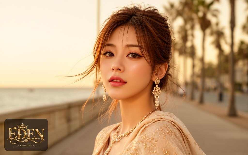 Eden, a POPORO CITY character, strolling along a sunny seaside promenade in late afternoon light