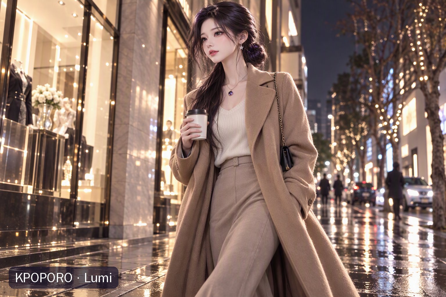 LUMI walking down a Seoul shopping street at night in a long coat, boutique lights on wet pavement