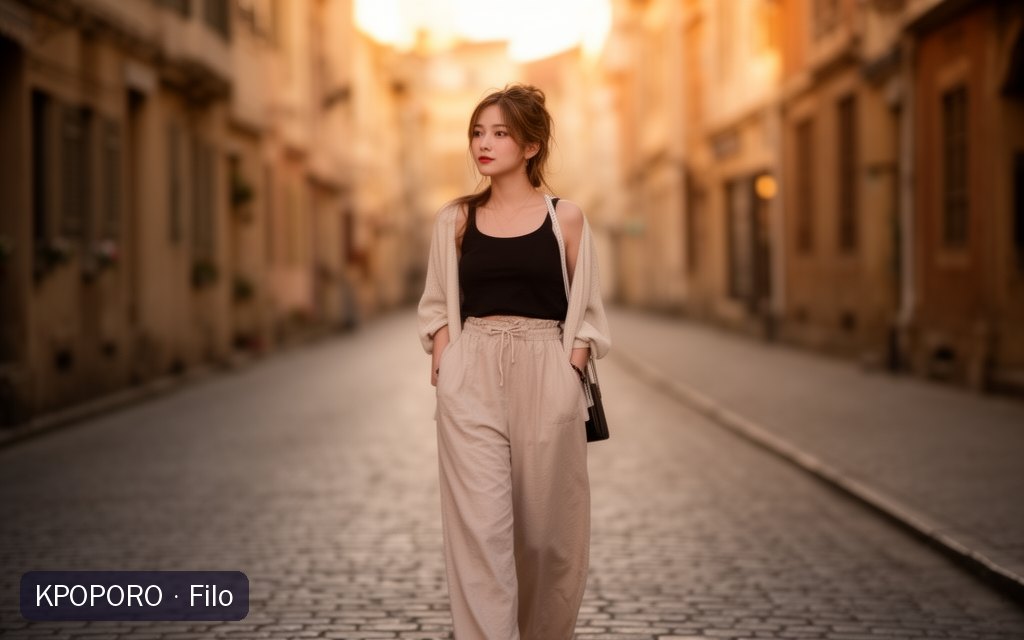 Filo, a POPORO CITY character, strolling down a cobblestone old-town street at golden hour