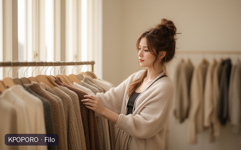 Filo, a POPORO CITY character, arranging garments on a rail in a sunlit boutique