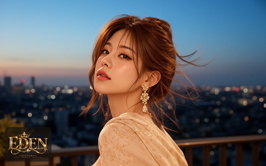 Eden, a POPORO CITY character, on a rooftop terrace at dusk before an evening gala