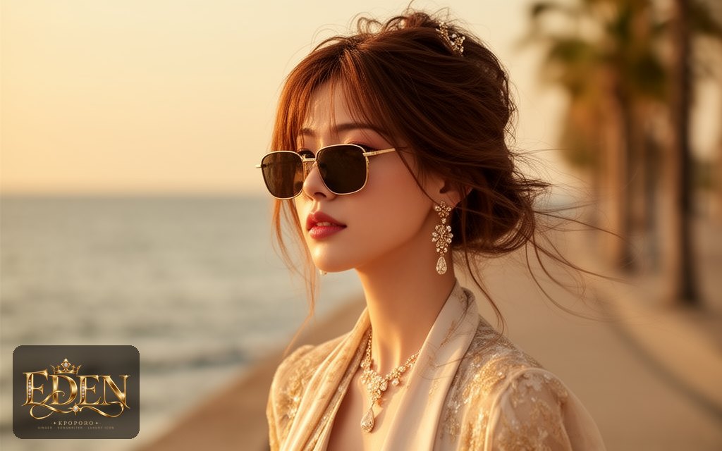 Eden, a POPORO CITY character, walking along a sunlit seaside promenade in late afternoon