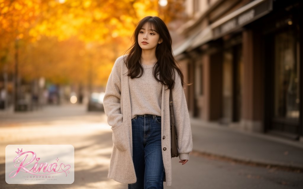 Rina, a POPORO CITY character, walking along a city street on a crisp autumn afternoon