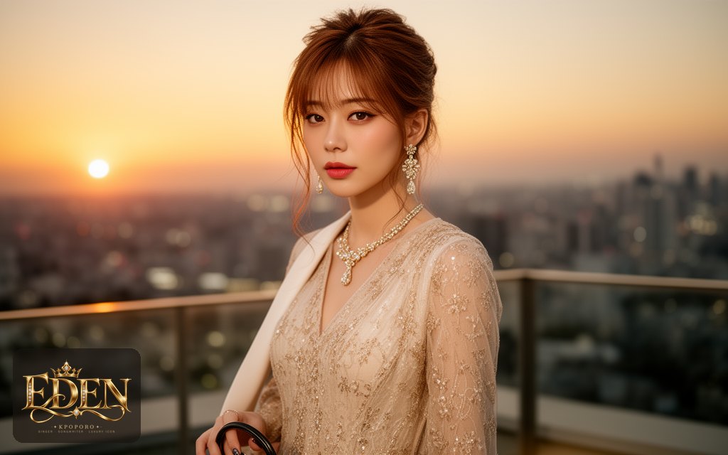 Eden, a POPORO CITY character, on a rooftop terrace at golden hour before an evening gallery opening