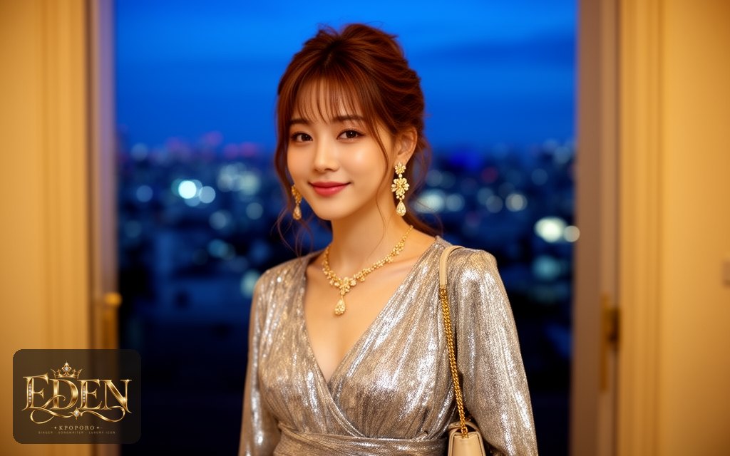 Eden, a POPORO CITY character, stepping out of a softly lit gallery opening at dusk with city lights behind her