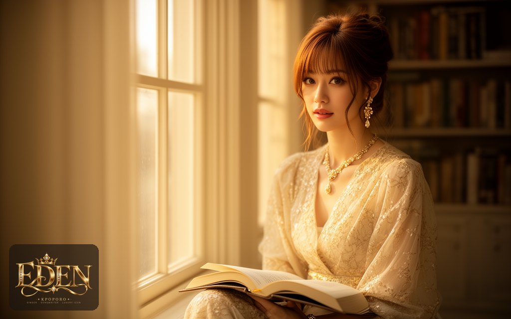 Eden, a POPORO CITY character, reading by a sunlit window in the late afternoon