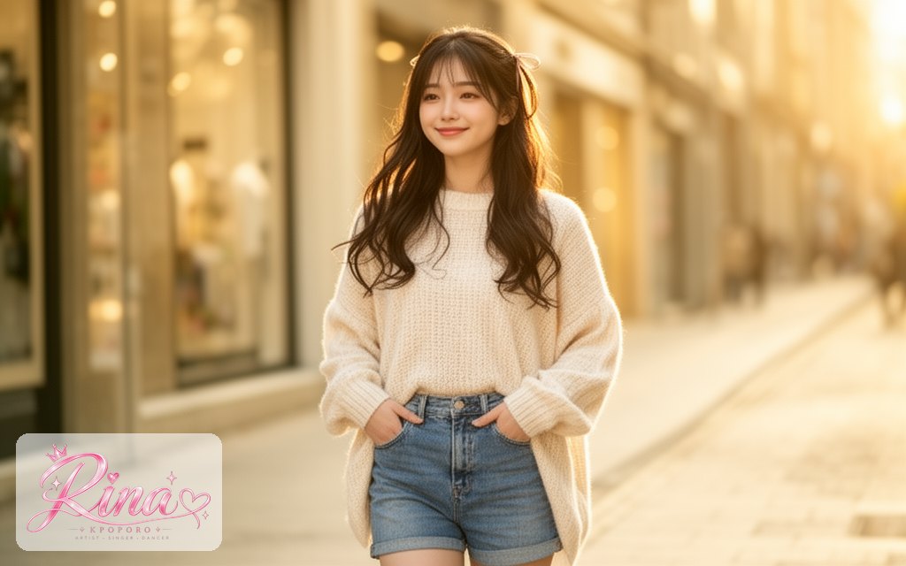 Rina, a POPORO CITY character, walking along a sunny city street on a relaxed weekend afternoon