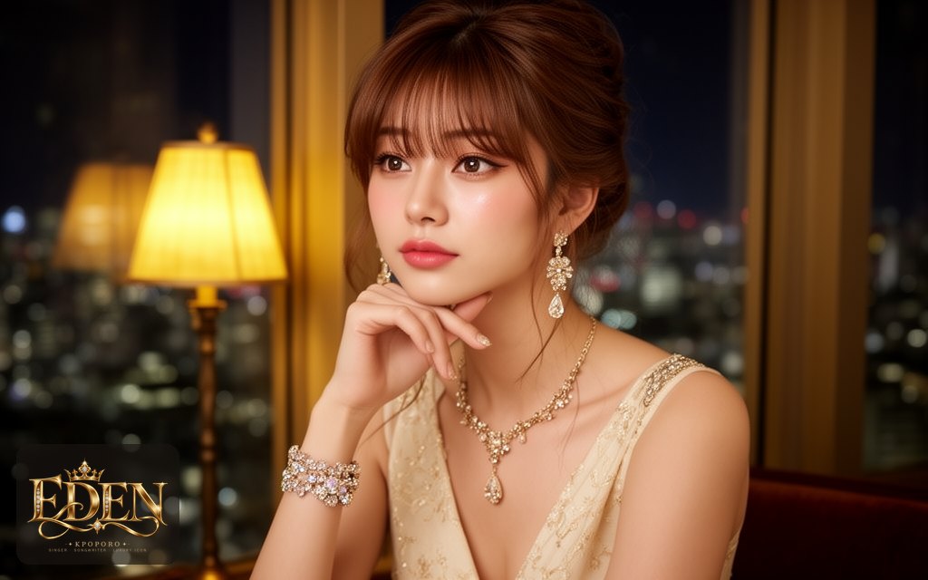 Eden, a POPORO CITY character, sitting by a tall window in an elegant evening lounge with soft golden lamplight