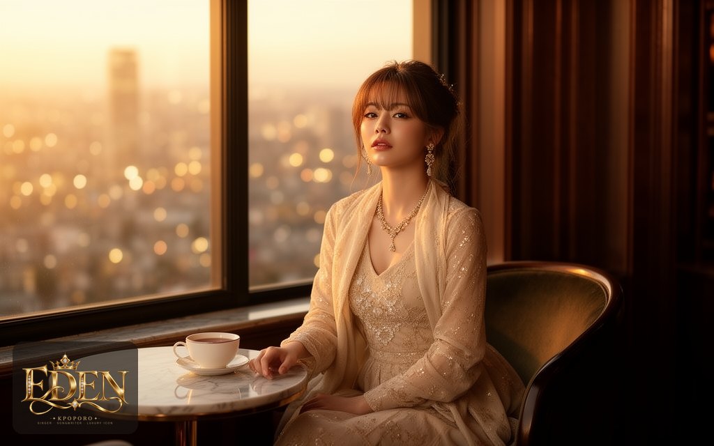 Eden, a POPORO CITY character, relaxing by a window in a warm, elegant reading lounge at golden hour