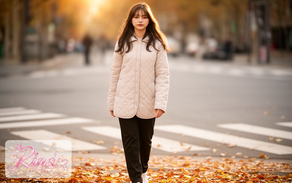 Rina, a POPORO CITY character, walking across a city crosswalk on a crisp autumn afternoon