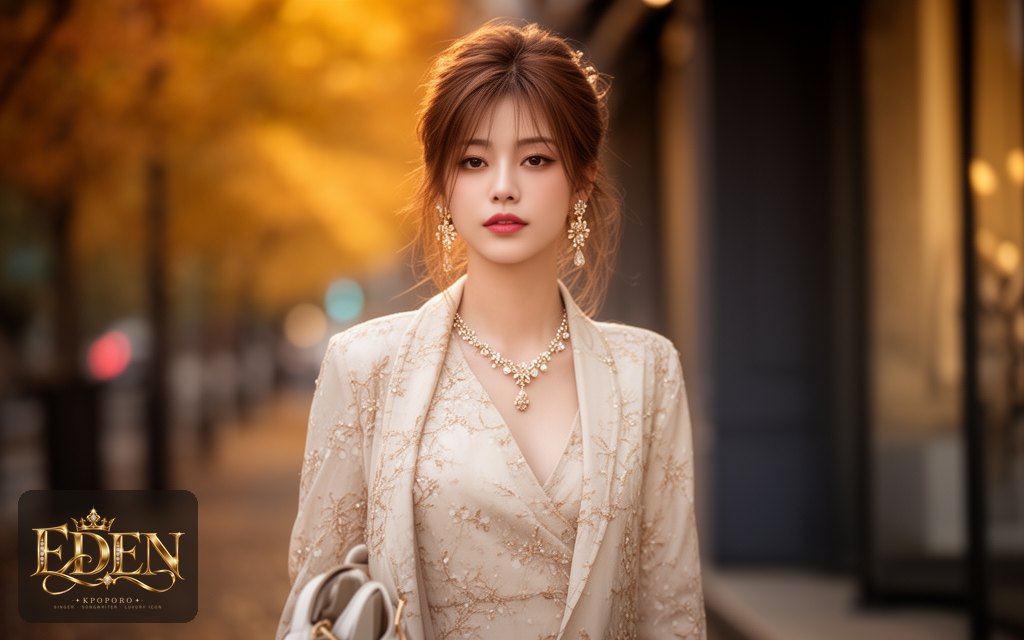 Eden, a POPORO CITY character, walking out of a quiet boutique arcade on an autumn evening