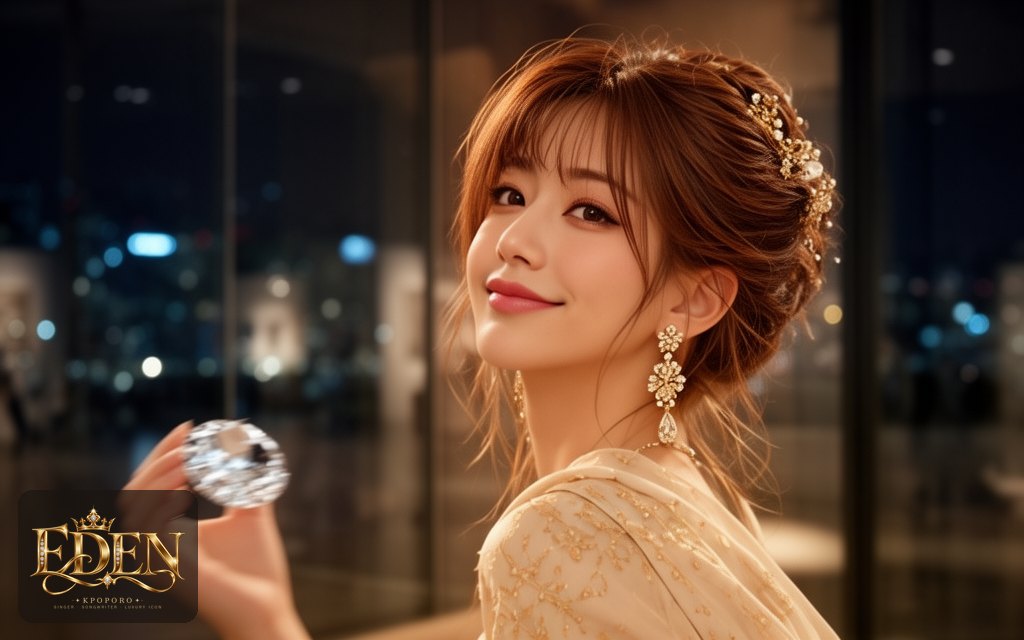 Eden, a POPORO CITY character, arriving at an elegant evening gallery opening under warm spotlights