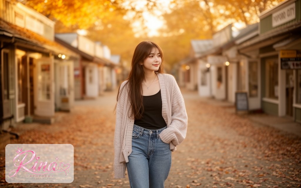Rina, a POPORO CITY character, walking along a sunlit autumn shopping street