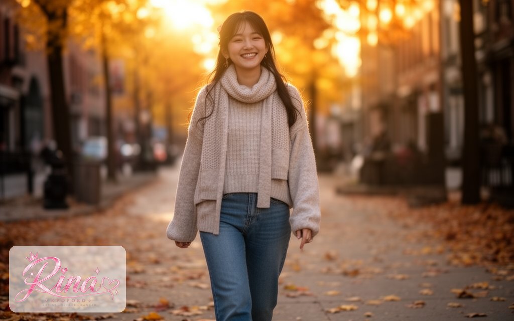 Rina, a POPORO CITY character, walking down a city side street on a crisp autumn afternoon