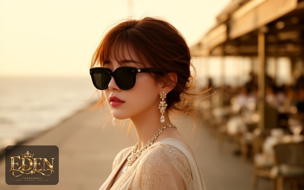 Eden, a POPORO CITY character, strolling along a sunlit seaside promenade in late afternoon