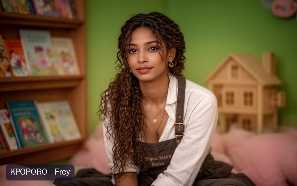 Frey, a POPORO CITY character, sitting in a cozy children's reading nook on a rainy afternoon