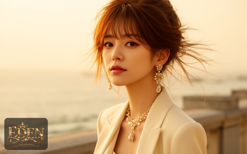 Eden, a POPORO CITY character, strolling along a sunlit seaside promenade in late afternoon