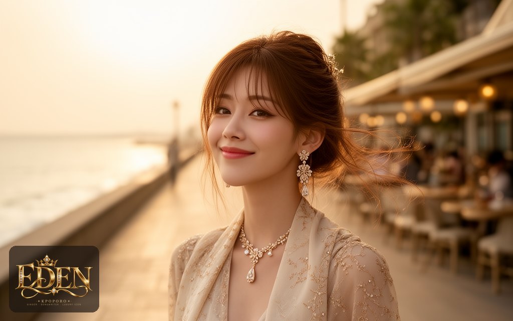 Eden, a POPORO CITY character, strolling along a sunlit seaside promenade in late afternoon
