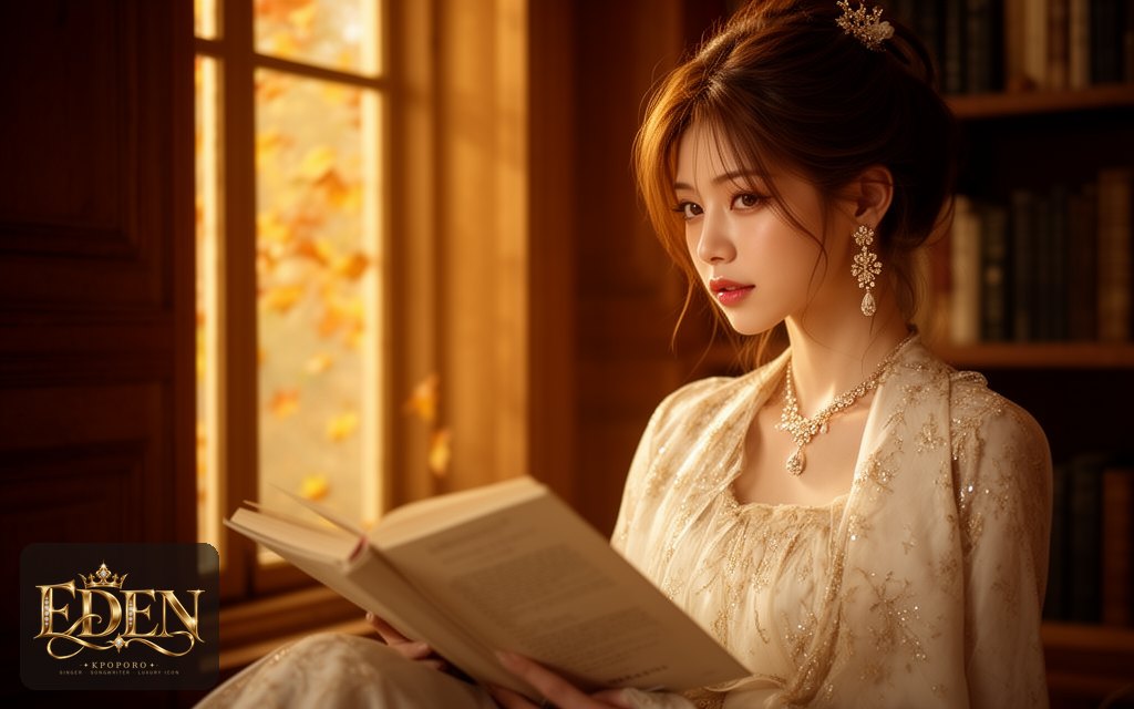 Eden, a POPORO CITY character, reading in a warm wood-panelled library on an autumn afternoon