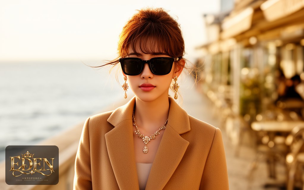 Eden, a POPORO CITY character, walking along a sunlit seaside promenade in a camel coat on an autumn afternoon