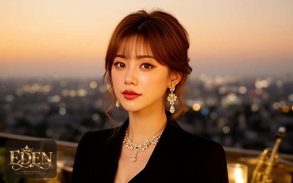 Eden, a POPORO CITY character, on a rooftop terrace at dusk before an evening concert