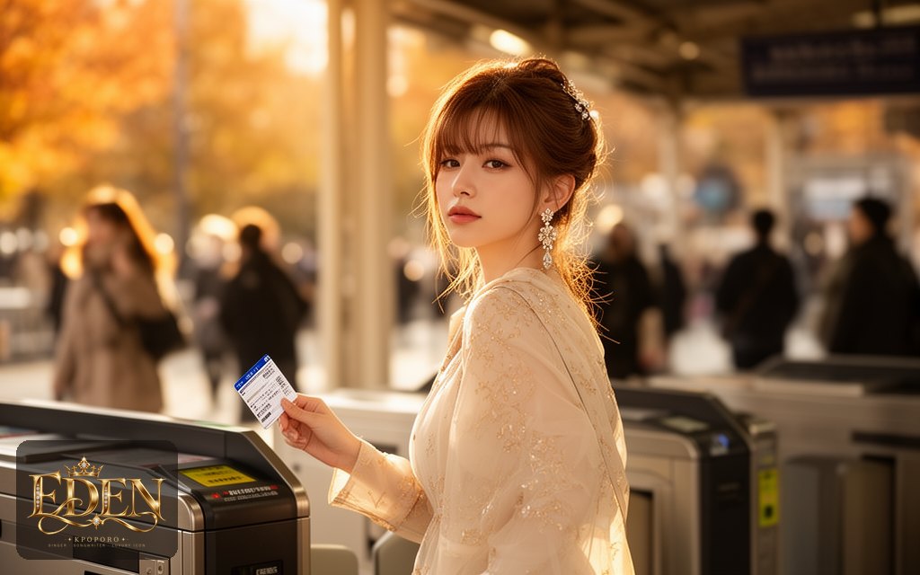 Eden, a POPORO CITY character, walking through a sunlit train station on an autumn morning