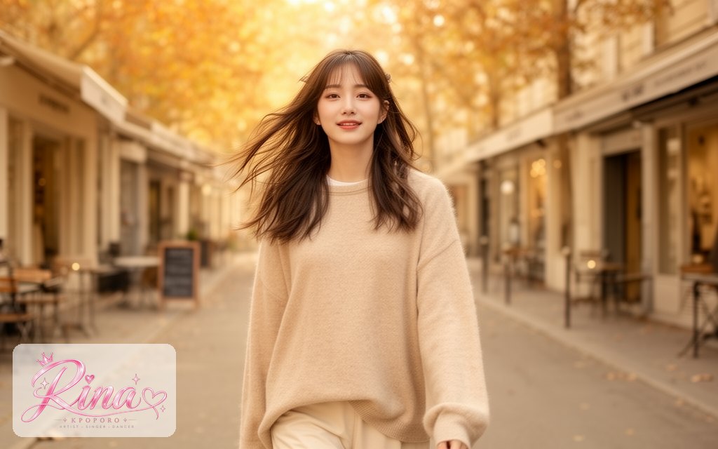 Rina, a POPORO CITY character, walking along a sunny autumn street lined with boutiques and cafes